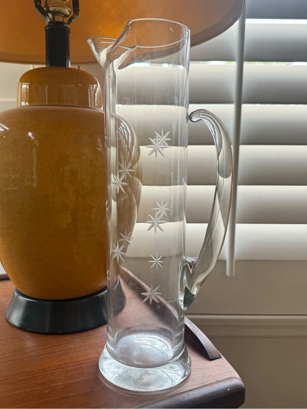 Vintage Clear Etched Glass Pitcher with Starburst Pattern - White